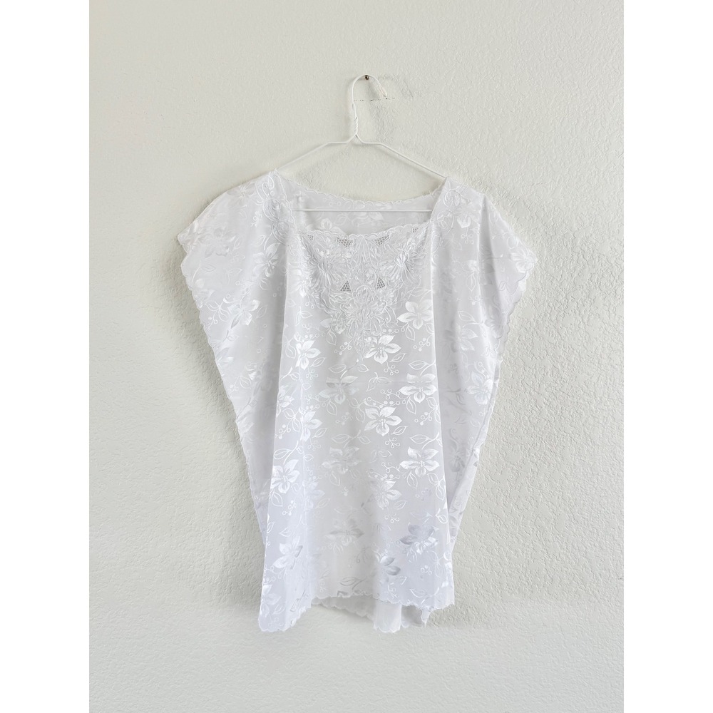 Vintage Satin Jacquard Blouse‎ Women L White Floral Lace Embroidered Square Neck